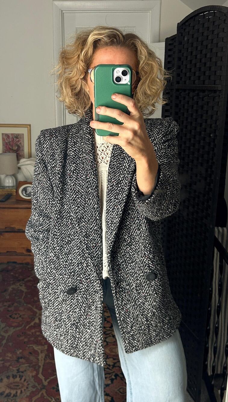 90s Black White Tweed Double Breasted Coat Small | Vintage Winter Blazer Jacket